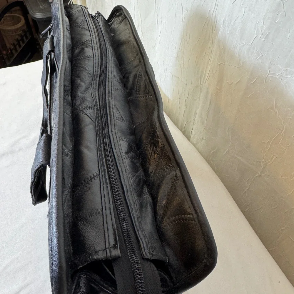Patchwork Bonded Leather Briefcase Large Black Laptop Bag Professional